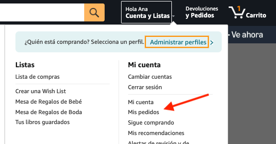 Menú Mis Pedidos en Amazon