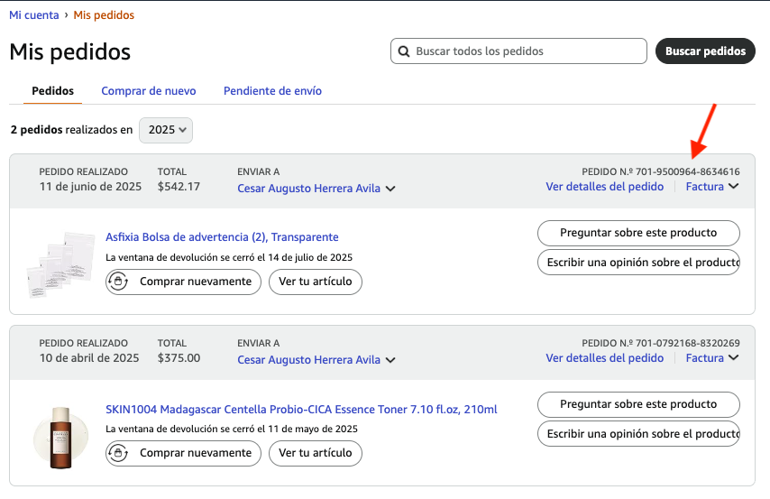Número de pedido en Amazon