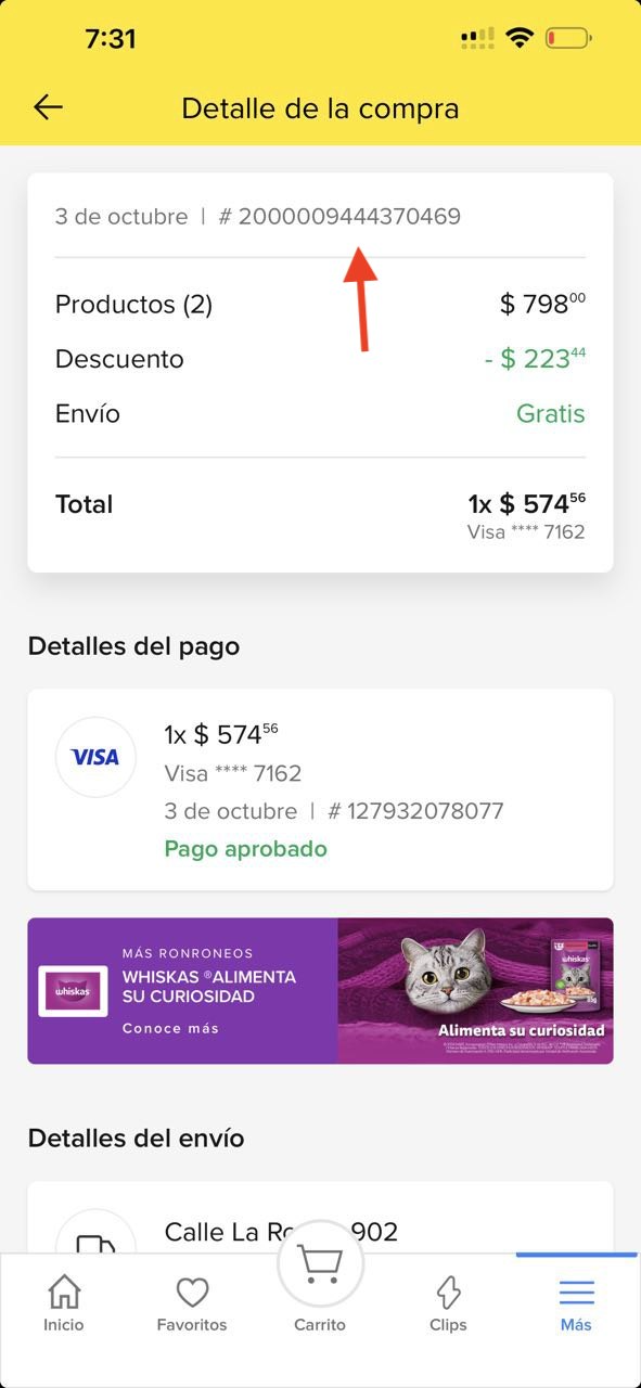 Número de compra en la parte superior